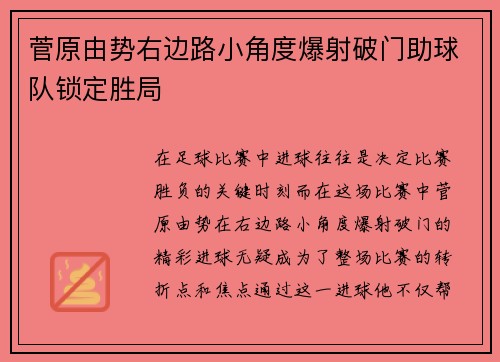 菅原由势右边路小角度爆射破门助球队锁定胜局